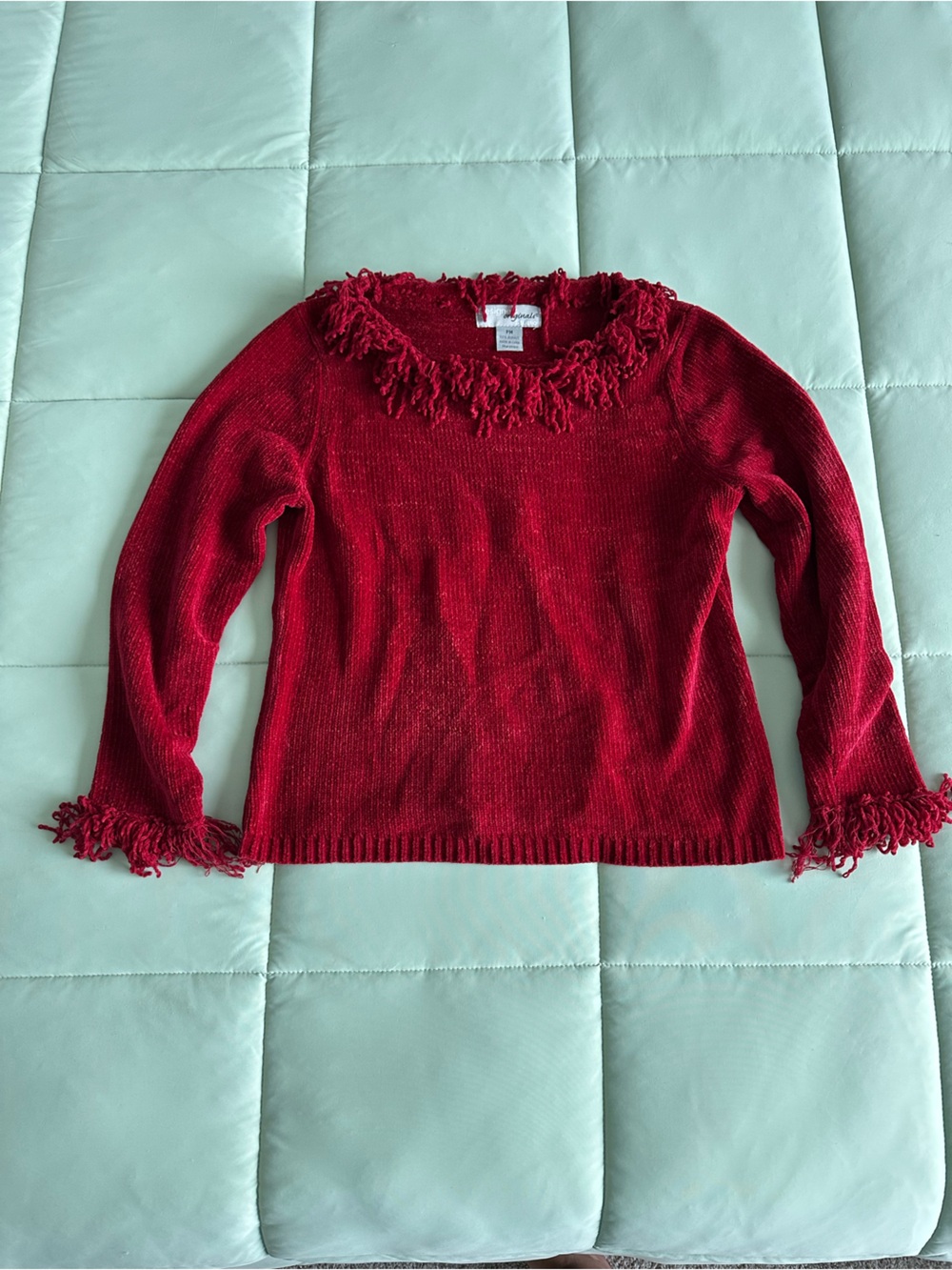 Y2K Designers Originals Red Acrylic Sweater with Fringe Detail